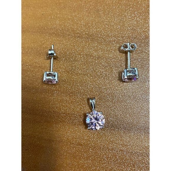 Sterling Silver Pink CZ Pendant Set Earrings and Pendant - Picture 7 of 7